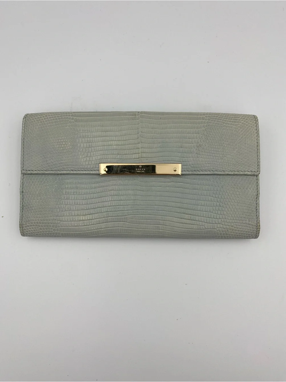 Gucci Pale Gray Lizard-Embossed Leather Wallet with Gold Bar vintage